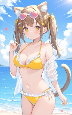  (best quality), ((masterpiece))Thin lines, 1girl, solo, animal ears, brown hair, swimsuit, cat ears, hair ornament, breasts, bikini, eyewear on head, outdoors, heart, day, twintails, tail, open clothes, navel, heart-shaped eyewear, cat tail, long hair, yellow bikini, medium breasts, cloud, sky, looking at viewer, sunglasses, frills, cat girl, ocean, cleavage, white shirt, blue sky, shirt, collarbone, bangs, off shoulder, blush, horizon, hairclip, bare shoulders, yellow nails, hand up