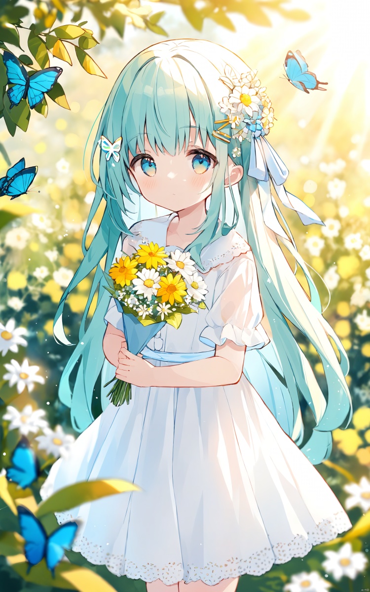  (best quality), ((masterpiece))1girl,loli,loli,loli,loli,solo,long hair,looking at viewer,bangs,blue eyes,hair ornament,dress,holding,very long hair,closed mouth,standing,flower,short sleeves,outdoors,day,white dress,blurry,aqua eyes,aqua hair,depth of field,blurry background,sunlight,bug,plant,white flower,butterfly,bouquet,yellow flower,holding flower,butterfly hair ornament,holding bouquet,blue butterfly,gradient eyes,hair_flower