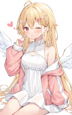  (best quality), ((masterpiece))Thin lines, solo, 1girl, white dress, dress, sleeveless dress, jacket, open jacket, animal ears, open clothes, hair ornament, ahoge, sleeveless, very long hair, bangs, heart, blonde hair, long hair, parted lips, braid, one eye closed, breasts, virtual youtuber, long sleeves, hair between eyes, off shoulder, wings, pink jacket, looking at viewer, red eyes, sleeves past wrists, sitting, hairclip, white background, blush, rubbing eyes, medium breasts, puffy long sleeves, multicolored hair, simple background, hand up, puffy sleeves, white wings