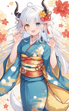  (best quality), ((masterpiece))Thin lines, 1girl, solo, japanese clothes, kimono, heterochromia, dragon tail, horns, dragon girl, flower, dragon horns, white hair, claw pose, yellow eyes, obi, sash, smile, looking at viewer, fang, blue eyes, blush, long hair, floral print, blue nails, skin fang, fingernails, open mouth, tail, wide sleeves, bangs, long sleeves, hair flower, pointy ears, nail polish, :d, hair ornament