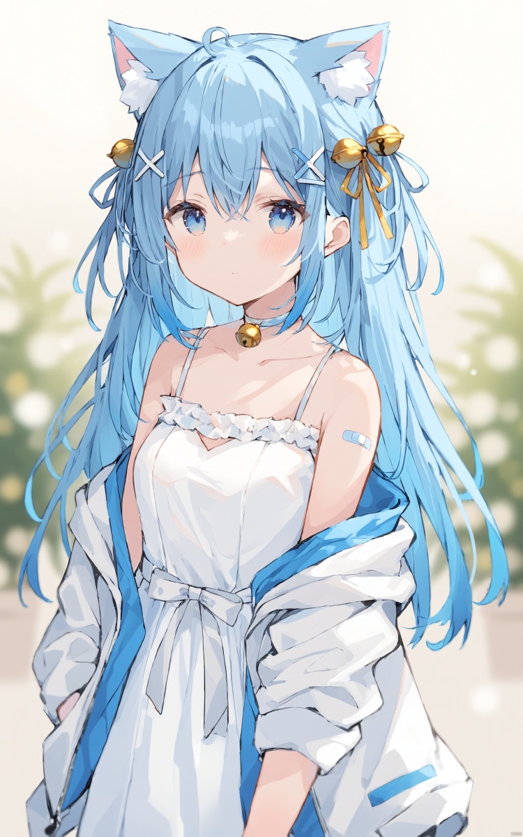  (best quality), ((masterpiece))Thin lines, 1girl, solo, sleeveless dress, animal ears, blue eyes, bell, jingle bell, sleeveless, long hair, dress, jacket, blush, hair ornament, bangs, bare shoulders, blurry background, hair between eyes, animal ear fluff, white dress, open jacket, x hair ornament, upper body, cat ears, multicolored hair, blue hair, breasts, blurry, off shoulder, depth of field, open clothes, looking at viewer, collarbone, bandaid, closed mouth, bow, white jacket, gradient hair, neck bell