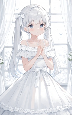  (best quality), ((masterpiece))Thin lines, 1girl, white theme, dress, solo, white dress, necklace, jewelry, long hair, looking at viewer, white hair, bow, hair bow, window, bird, blush, bangs, frills, curtains, off shoulder, white bow, bare shoulders, off-shoulder dress, twintails, wedding dress, own hands together
