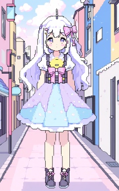  (best quality), ((masterpiece))pixel art,1 girl, solo, dress, standing, white background, expressionless, ((Pastel Kawaii)), pastel colors, dreamy, star hairclips, unicorns, clouds, kawaii, harajuku style clothes, ribbons, soft filter, cute colors, sparkles, angelic elements, stars, pastel colored hair, bandages, baggy clothes, street fashion,hide left hand,white hair,big pink ribbon, cuteloli, LeotardGirl, high quality body photography of a young girl, Russian girl, 1girl, 17yo, long hair, (floral LeotardGirl, LaceSkirt), detailed hair ornament,beautiful detailed eyes,beautiful and aesthetic,super high resolution,Vivid colors, Vivid colors, Sharp focus, Physically-based rendering,[[fullbody]],