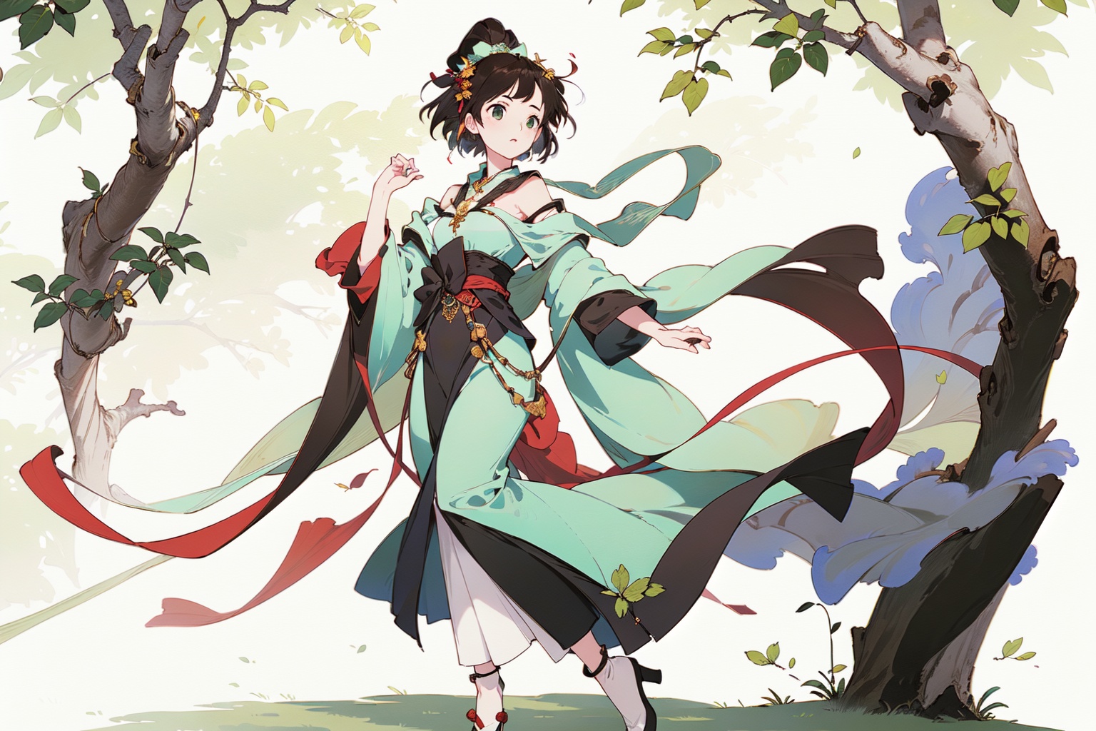 best quality,masterpiece,1 girl,full body,green theme,