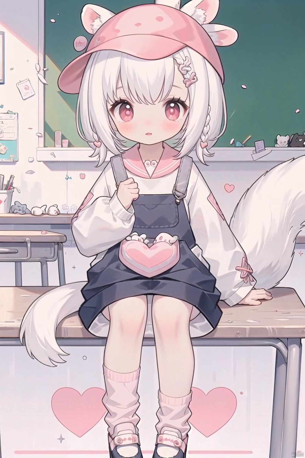 1girl, ((stoat girl)), ((ermine)) , ((loli)), ((female child)), ((white hair)), ((little braid)), ((pink hat)), ((hairpin)) ((harness pants)), ((Overall)), (pocket,) (ermine toy in the pocket), (very large sleeves), (pink collar), (purple pants), (pink socks), (short socks), ((asymmetrical socks,)) (heart on the pocket), ((child)) ((pink eyes)), ((tail)), (thick tail), ((black at the end of the tail)), (white cloth), ((very big eyes)), ((school)), ((classroom)), ((sitting)), ((two little braid))