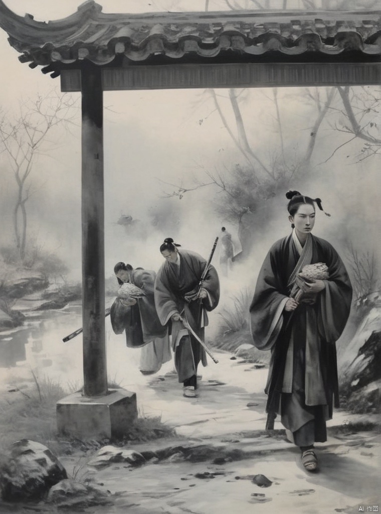 black and white, monochrome, greyscale, male focus, multiple boys, wash painting, Chinese traditional painting