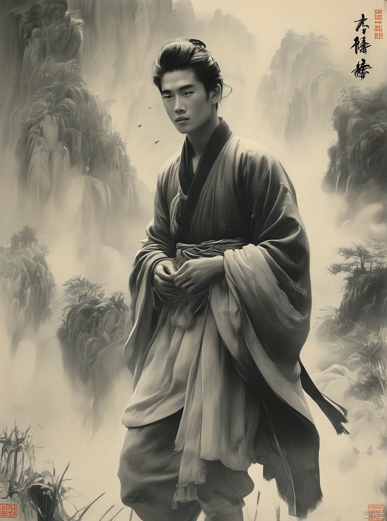 black and white, monochrome, greyscale, male focus, multiple boys, wash painting, Chinese traditional painting