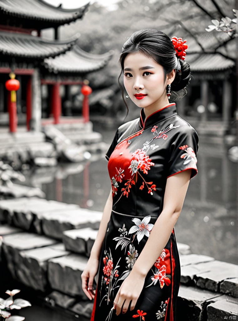  tilt shift, excellent lighting, super detail, depth of field, science fiction, colorful, masterpiece, best quality, ((high saturation)),((ultra-detailed)), Fujifilm, depressed, ((beautiful 25 year old girl), (Obsidian and Ruby tone cheongsam), black and white, Chinese traditional painting, wash painting, shanhaijing, traditional chinese ink painting