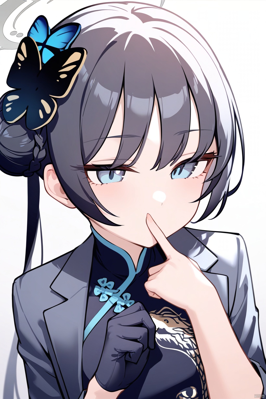  1girl,(masterpiece:1.3),( beautiful:1.2),(high quality:1.2),(finely detailed:1.2),extremely detailed CG unity 8k wallpaper,best quality,a very delicate and beautiful,perfect fingers,(one cute girl at the center:1.2), kisakiBA,
kisakiBA,long hair,bangs,blue eyes,black hair,hair ornament,gloves,dress,black gloves,hair bun,black dress,halo,chinese clothes,china dress