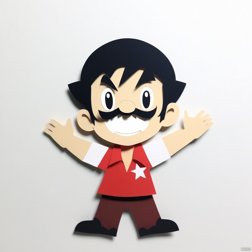 paper-cut,1boy, solo, male focus, mario, mustache, facial hair, black hair, star \(symbol\), hat, red headwear, open mouth, black eyes, smile, white background, parody, simple background
