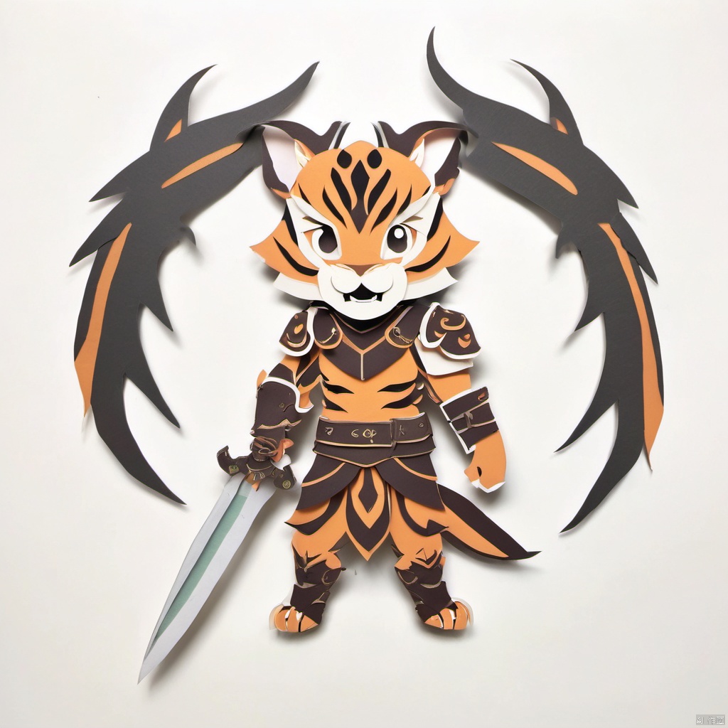 paper-cut,solo,weapon,1boy,sword,holding weapon,holding,male focus,armor,holding sword,shoulder armor,tail,furry,white background,full body,animal ears,signature,looking at viewer,furry male,pauldrons,japanese armor,simple background,barefoot,pants,facial hair,fangs,tiger,tiger tail,tiger ears,open mouth,teeth,year of the tiger,muscular,