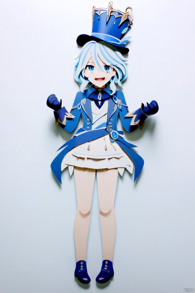  paper-cut,1girl,full body,solo, blue_headwear, looking_at_viewer, white_background, open_mouth, blush, simple_background, tears, hands_on_hips, long_sleeves, blue_jacket, tearing_up, white_gloves, top_hat, ascot, short_hair, white_shirt, flying_sweatdrops, brooch, black_gloves