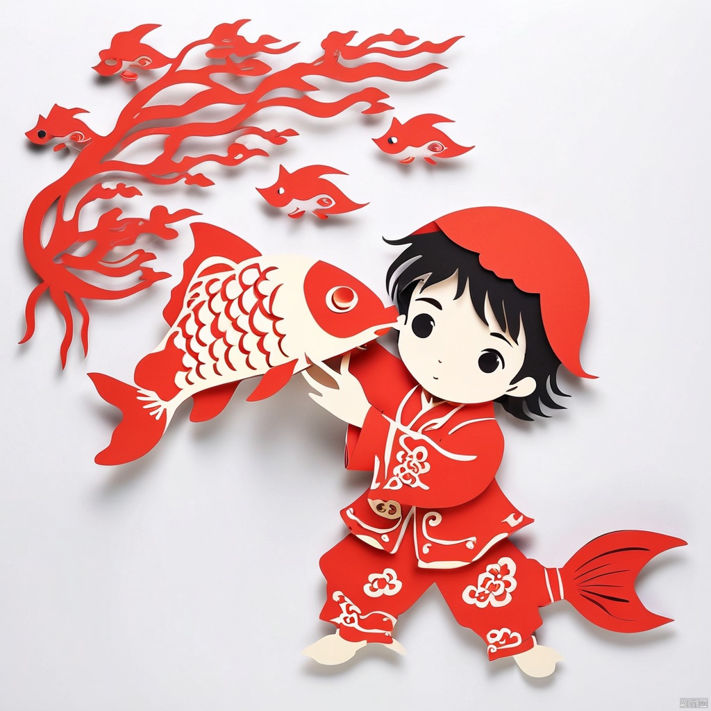  paper-cut,fish, solo, holding animal, 1boy, long sleeves, profile, black hair, male focus, short hair, red jacket, holding, animal, child, jacket, traditional media, black eyes, upper body, male child, red shirt, branch, goldfish, cowboy shot, white background