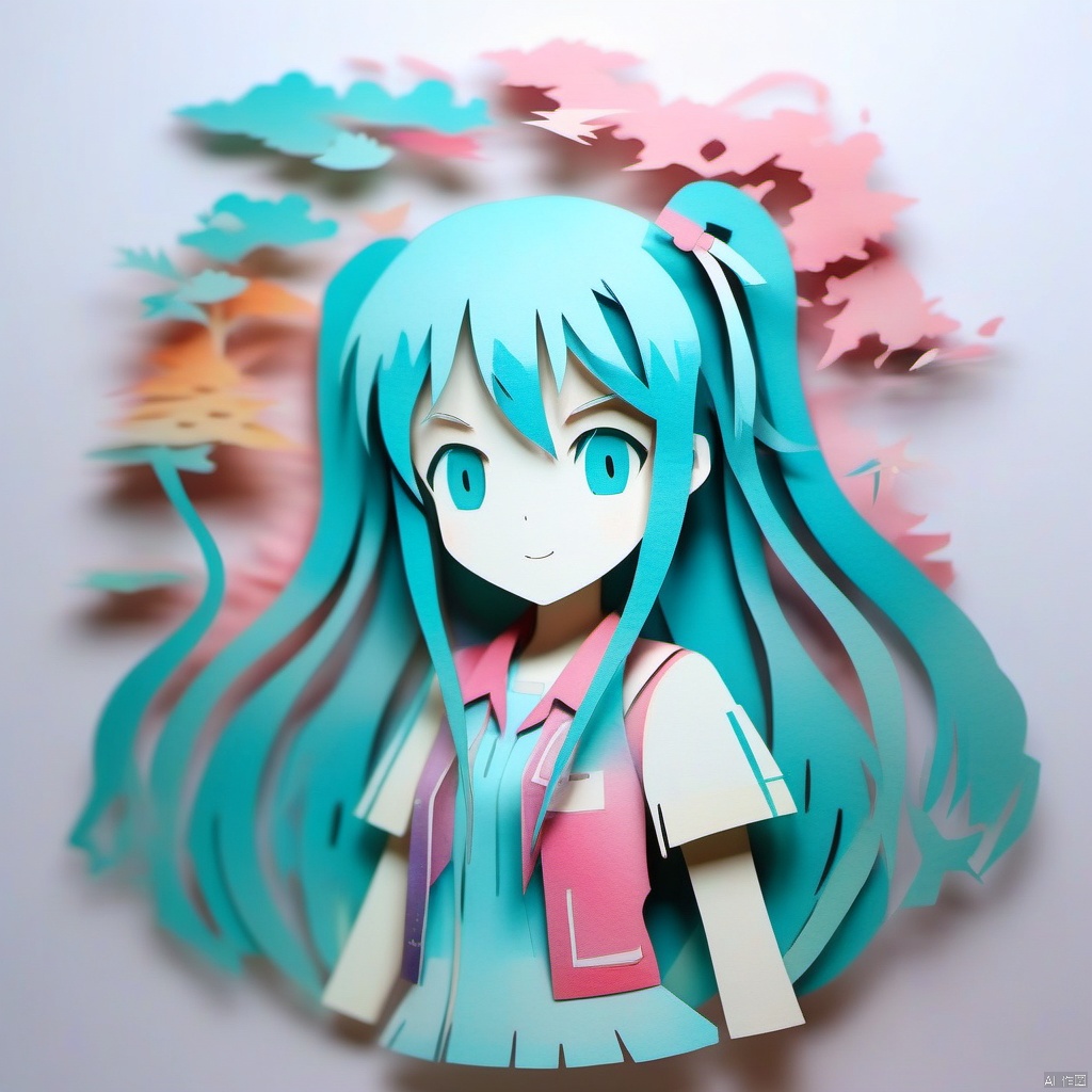 paper cut craft of the Hatsune
Miku,so cute face, beatiful girl, full body shot, Watercolour, colorful installations, macro focus, hyper sharpness, appearance obscure and imposing, hyperrealistic detailed, paper illustration
