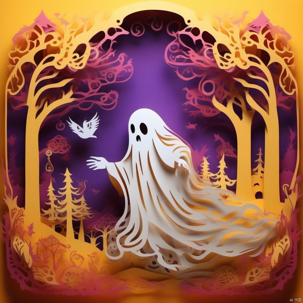 paper-cut of a ghost with lingering regrets in an vibrant colored enchanted wonderland, magical, whimsical, fantasy art concept, steampunk, intricate details, best quality, masterpiece, ultra sharp, yellow theme background, 