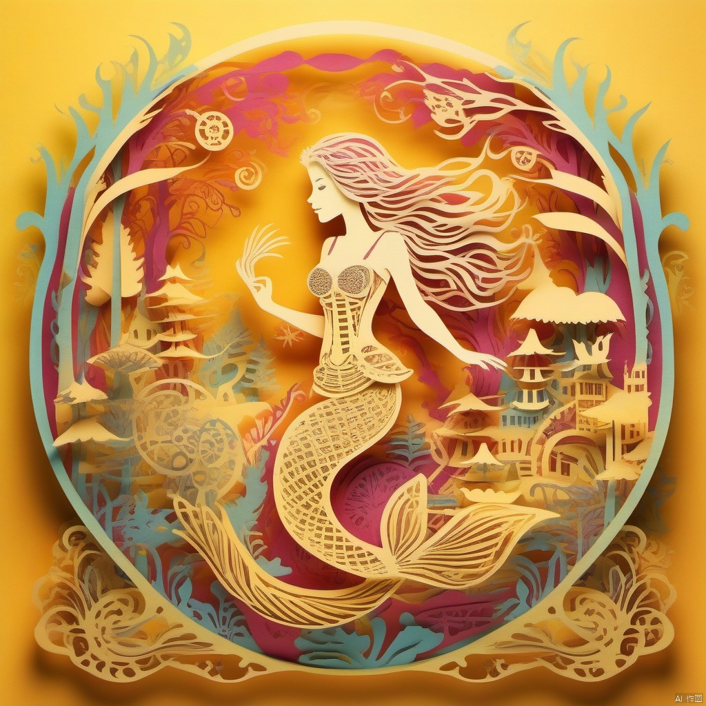 paper-cut of a mermaid with enchanting song in an vibrant colored enchanted wonderland, magical, whimsical, fantasy art concept, steampunk, intricate details, best quality, masterpiece, ultra sharp, yellow theme background, 