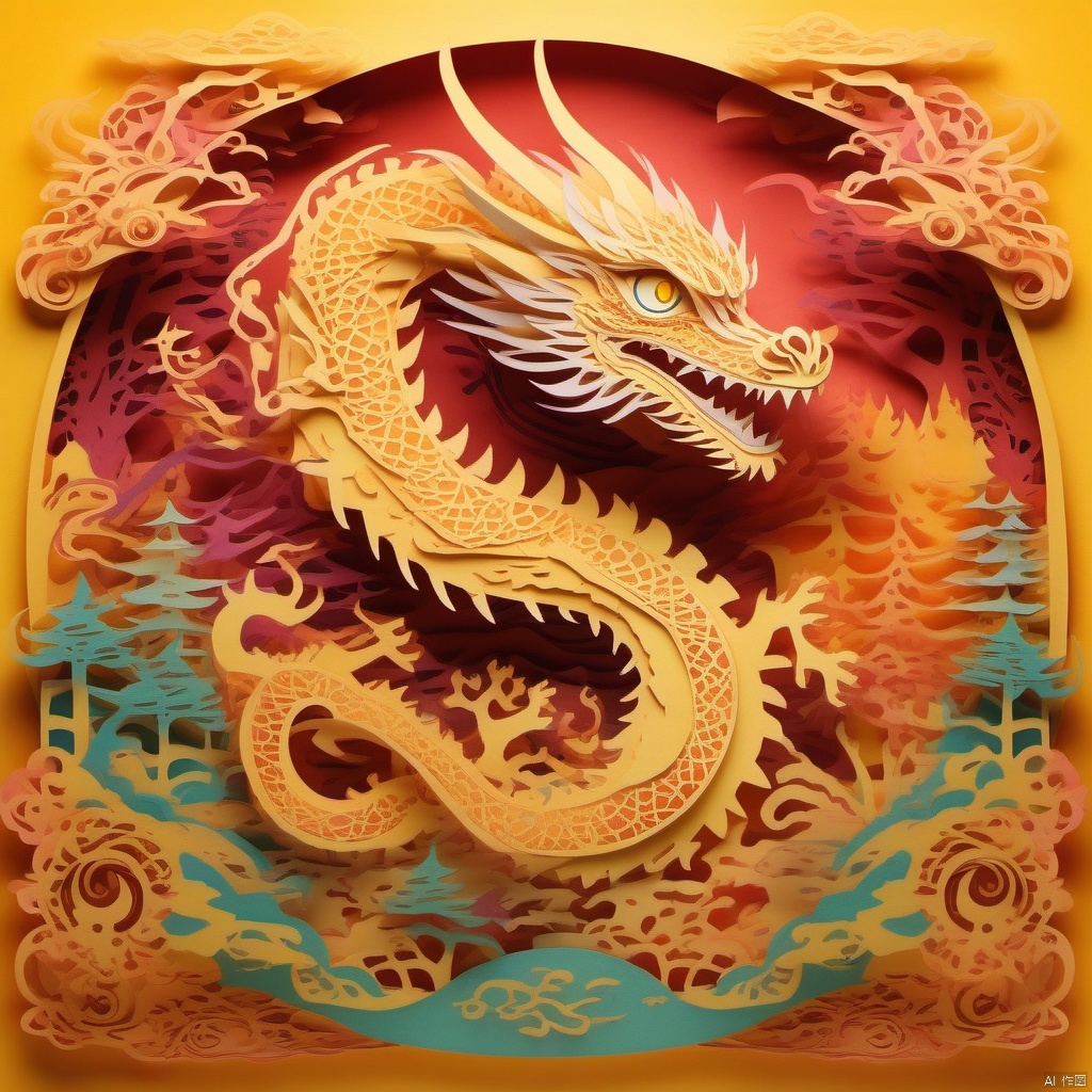 paper-cut of a dragon with burning eyes in an vibrant colored enchanted wonderland, magical, whimsical, fantasy art concept, steampunk, intricate details, best quality, masterpiece, ultra sharp, yellow theme background, 