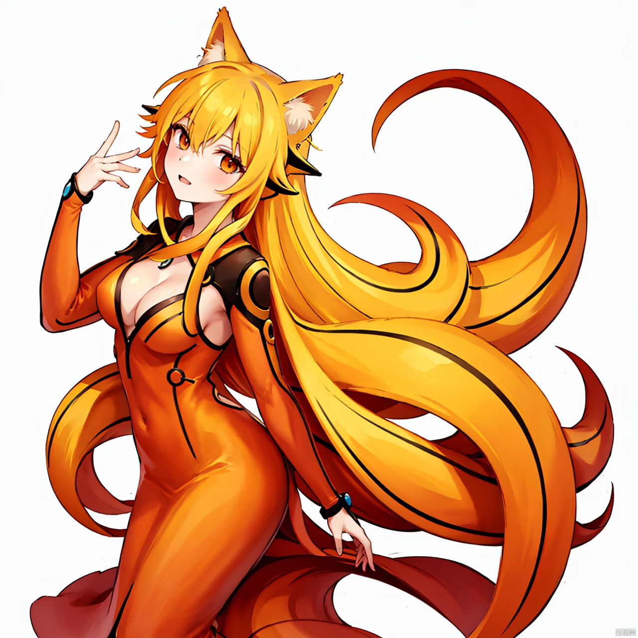 masterpiece, best quality, kyuubi personified, 1girl, solo, long hair, breasts, blonde hair, animal ears, very long hair, tail, multicolored hair, orange hair, hair glows,