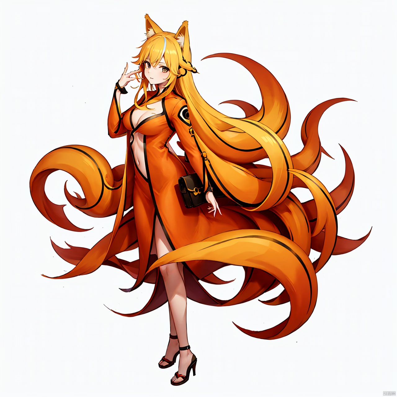 masterpiece, best quality, kyuubi personified, 1girl, solo, long hair, breasts, blonde hair, animal ears, very long hair, tail, multicolored hair, orange hair, personification,