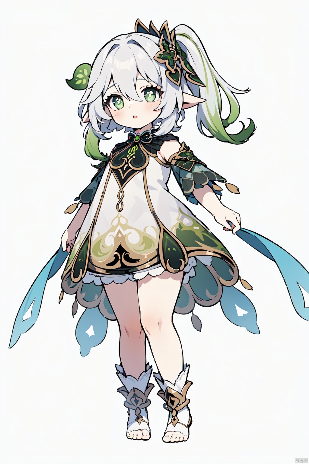  1girl, solo, white background, full body, nahida, simple background, looking at viewer, standing, for-all-knowledge-a-verse outfit,