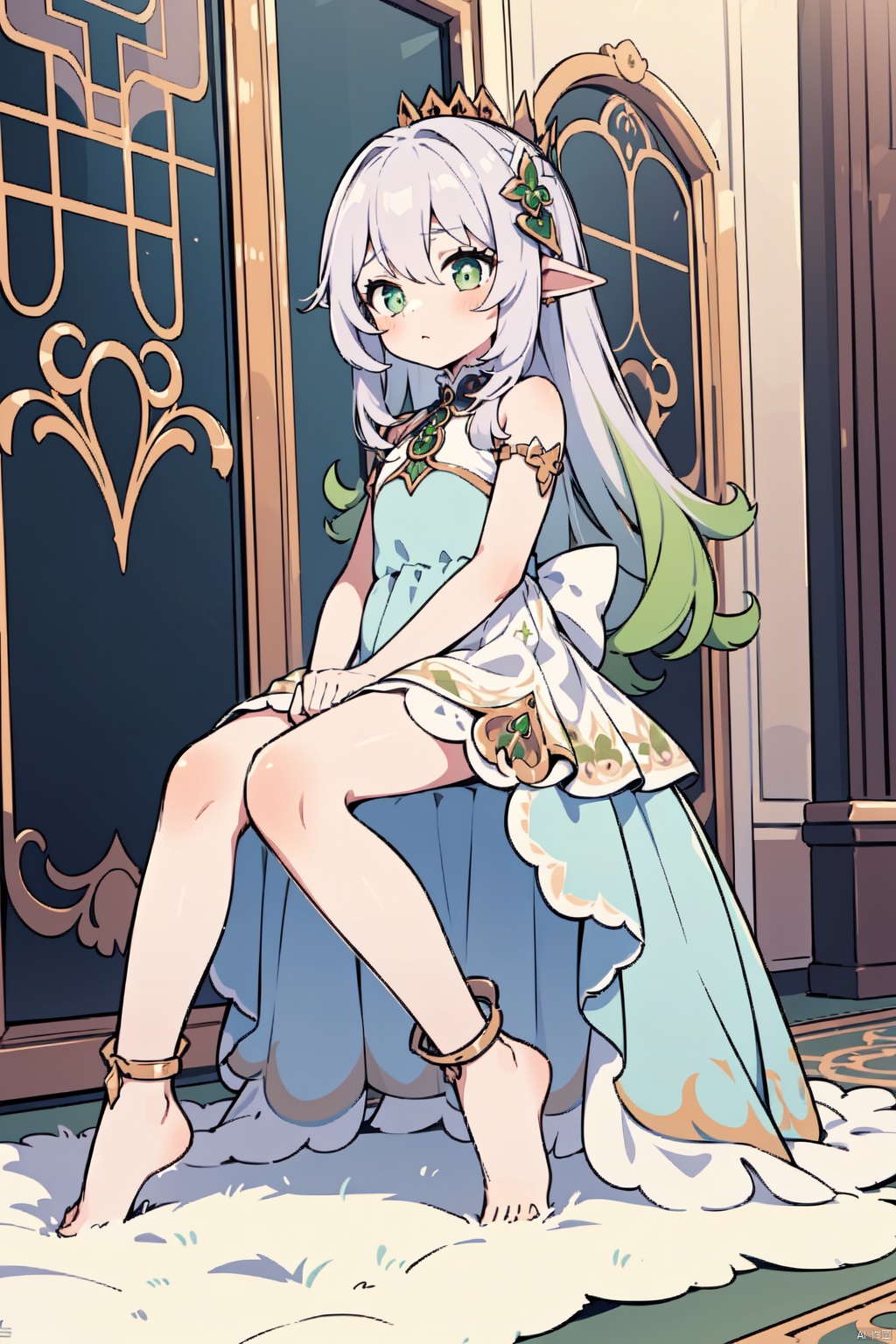  1girl, solo, nahida,blue queen dress,royalty,palace,crown,standing,full_body,serious expression,indoors,golden,(bare_feet),sitting on a throne,luxury dress,long dress,sad,hand on lap,puffy dress,delicate princess dress,noble,no shoes,lace_trim