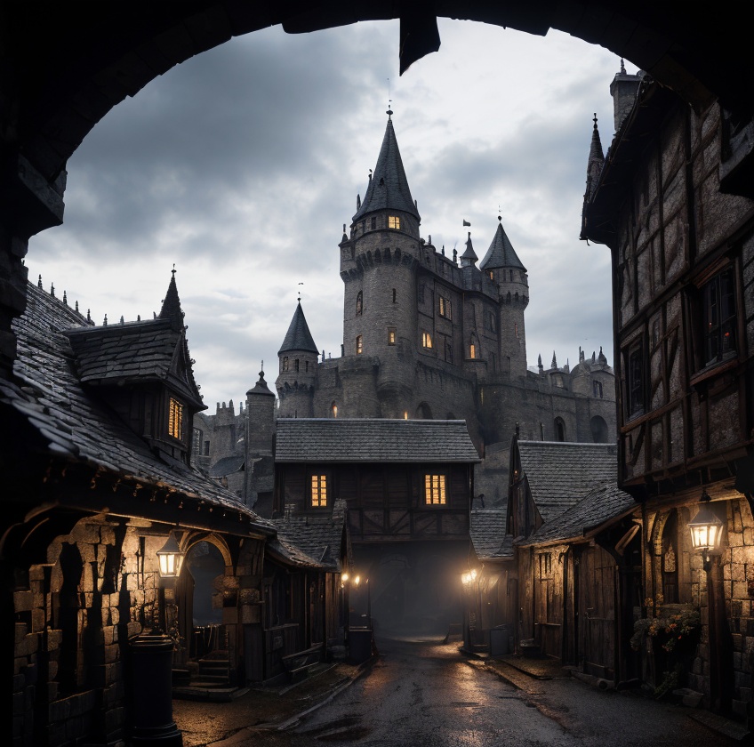 (masterpiece:1.2), (best quality,:1.2), 8k, HDR, ultra detailed, ((photorealistic)), professional light, cinematic lighting, fashion photography, ambient lighting, background, a dark medieval street leading to (a gothic castle on a hill),  Darkness, <lora:Darkness-10:1>,  epiCPhoto,