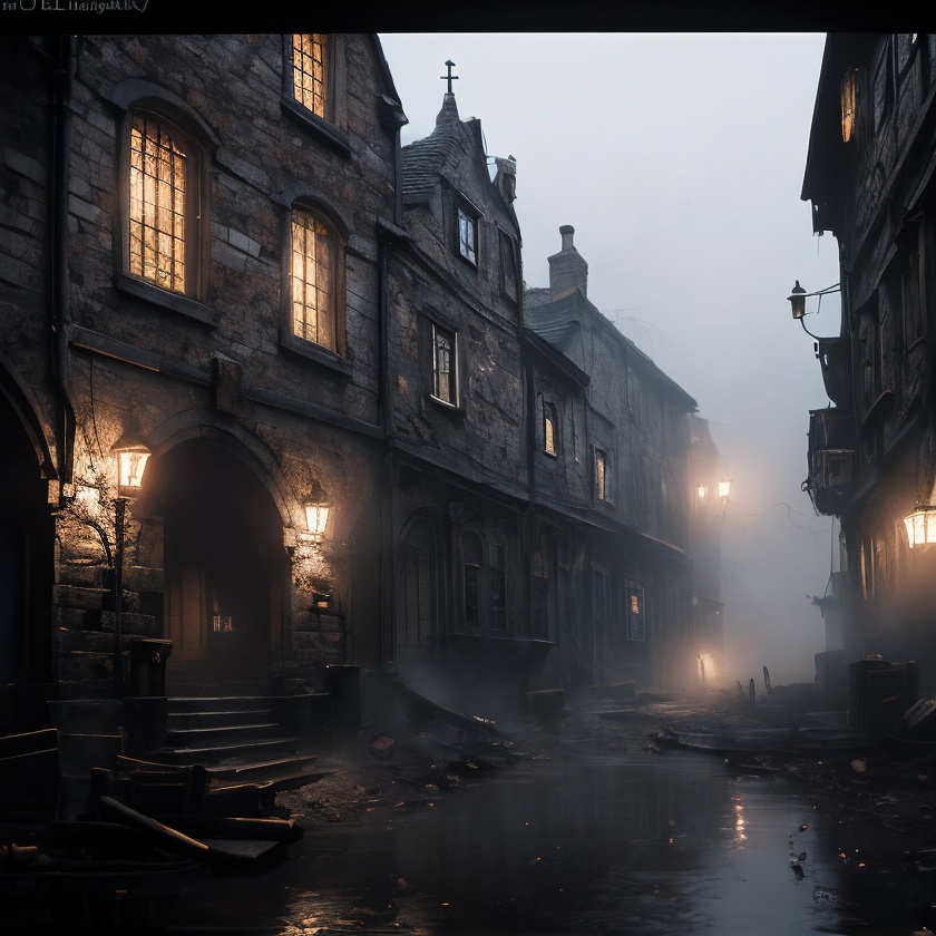 (masterpiece:1.2), (best quality,:1.2), 8k, HDR, ultra detailed, ((photorealistic)), professional light, cinematic lighting, fashion photography, ambient lighting, background, a gothic town next to a river, fog, dark alleys, Darkness, <lora:Darkness-10:1>,  epiCPhoto,