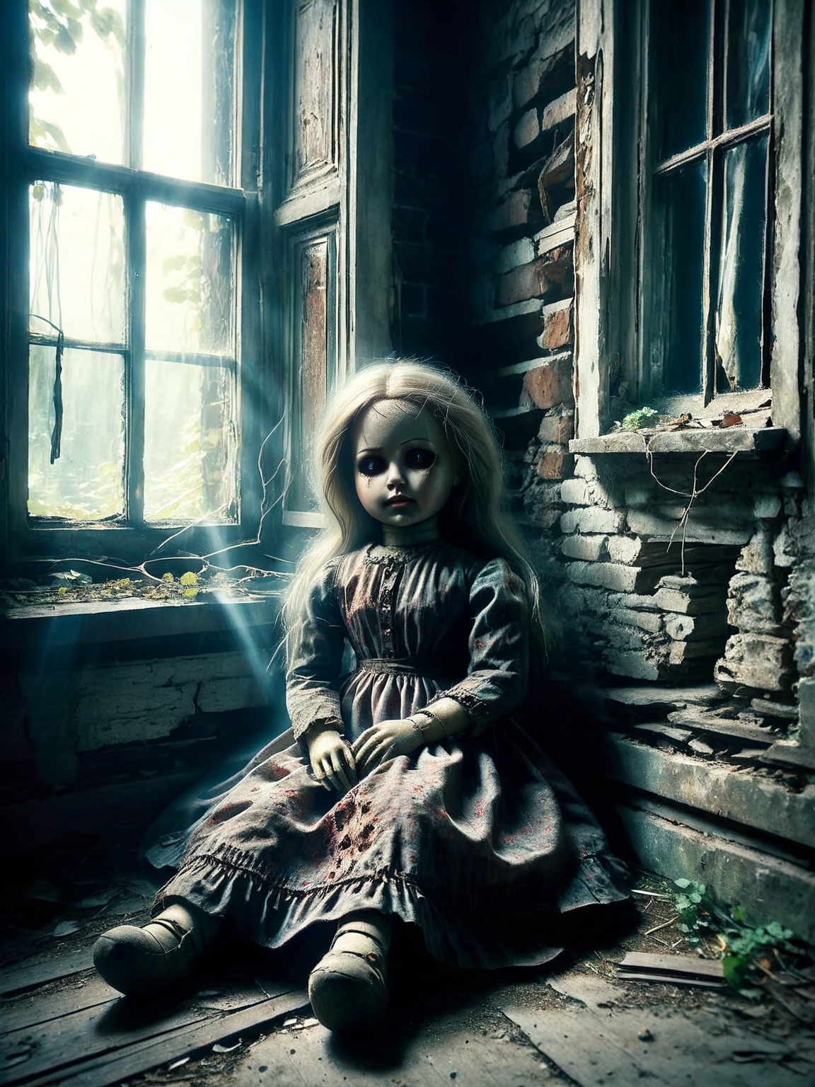 An old, battered ais-crsd doll sitting by the window of an abandoned house, its gaze hauntingly empty. <lora:ais-crsd-sdxl:1>