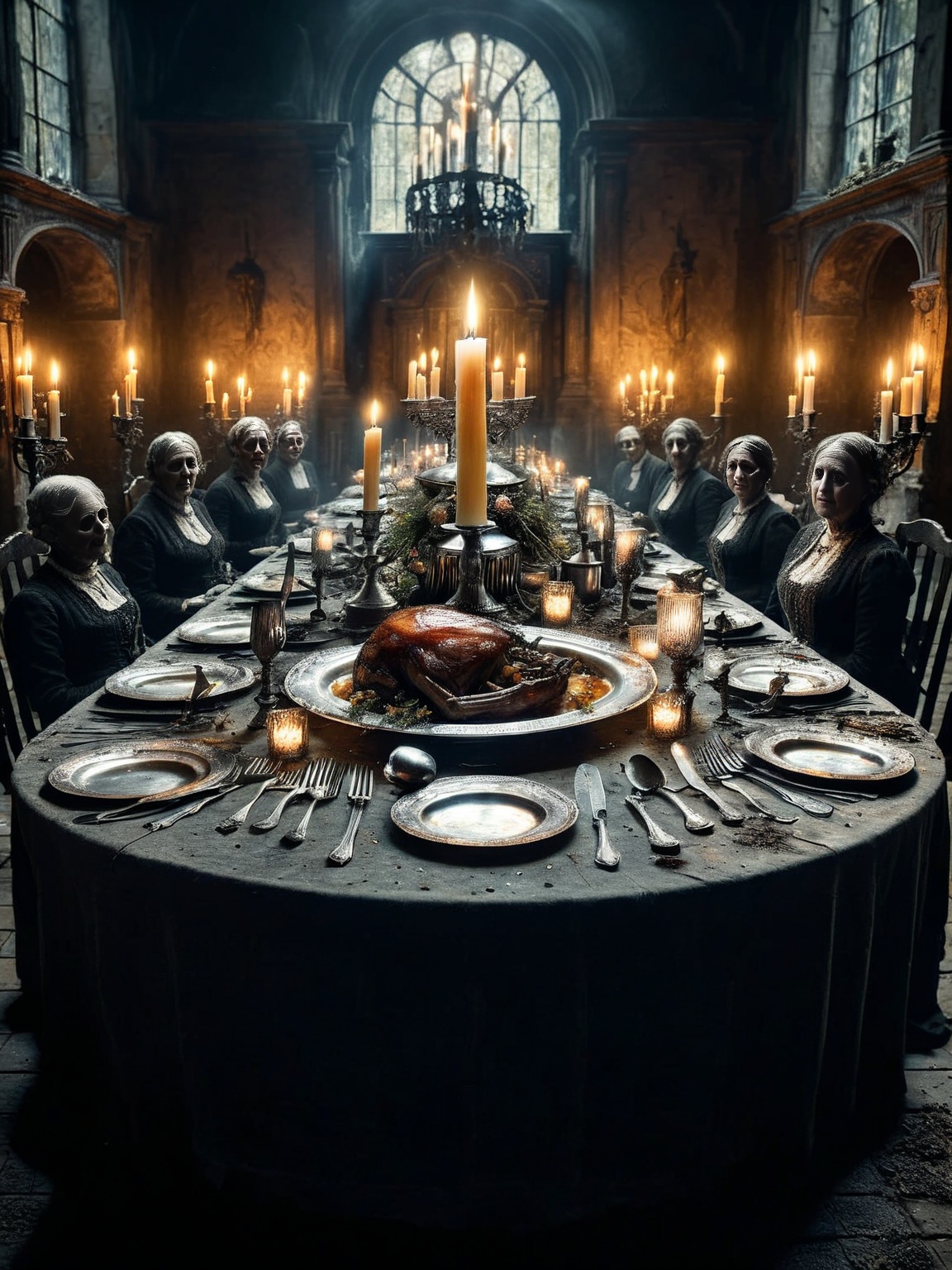 A still life of a rotting feast on a banquet table, the silverware ais-crsd and tarnished, a single flickering candle illuminates the scene <lora:ais-crsd-sdxl:1>