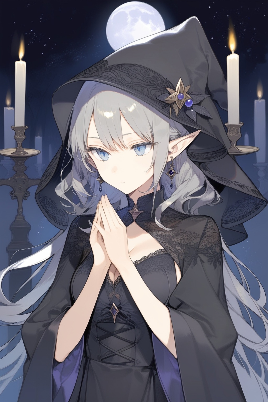 1girl,  gray hair,  black witch clothes on Tensor.Art