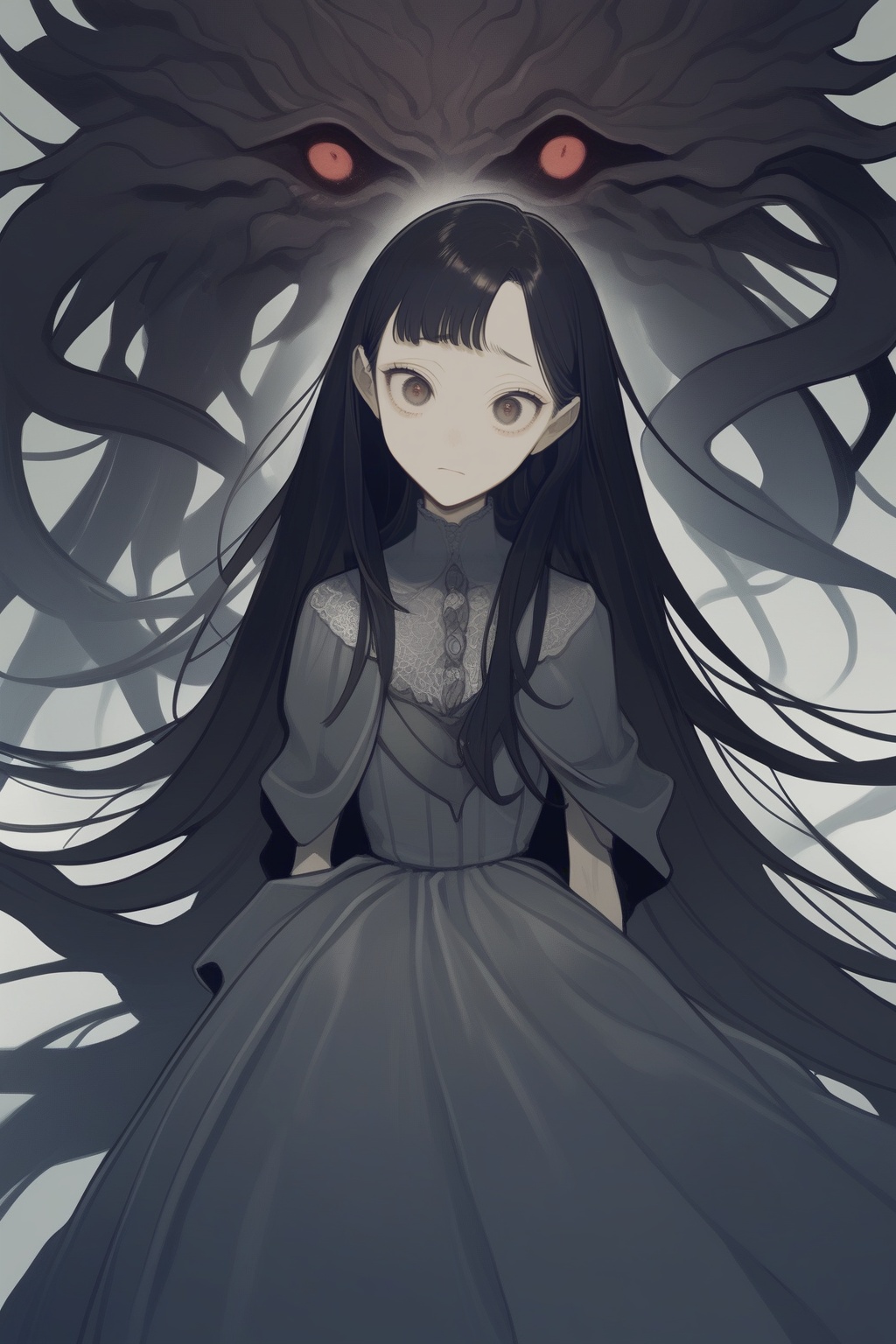 illustration by victo ngai 1girl angel,  sad,  long hair on Tensor.Art