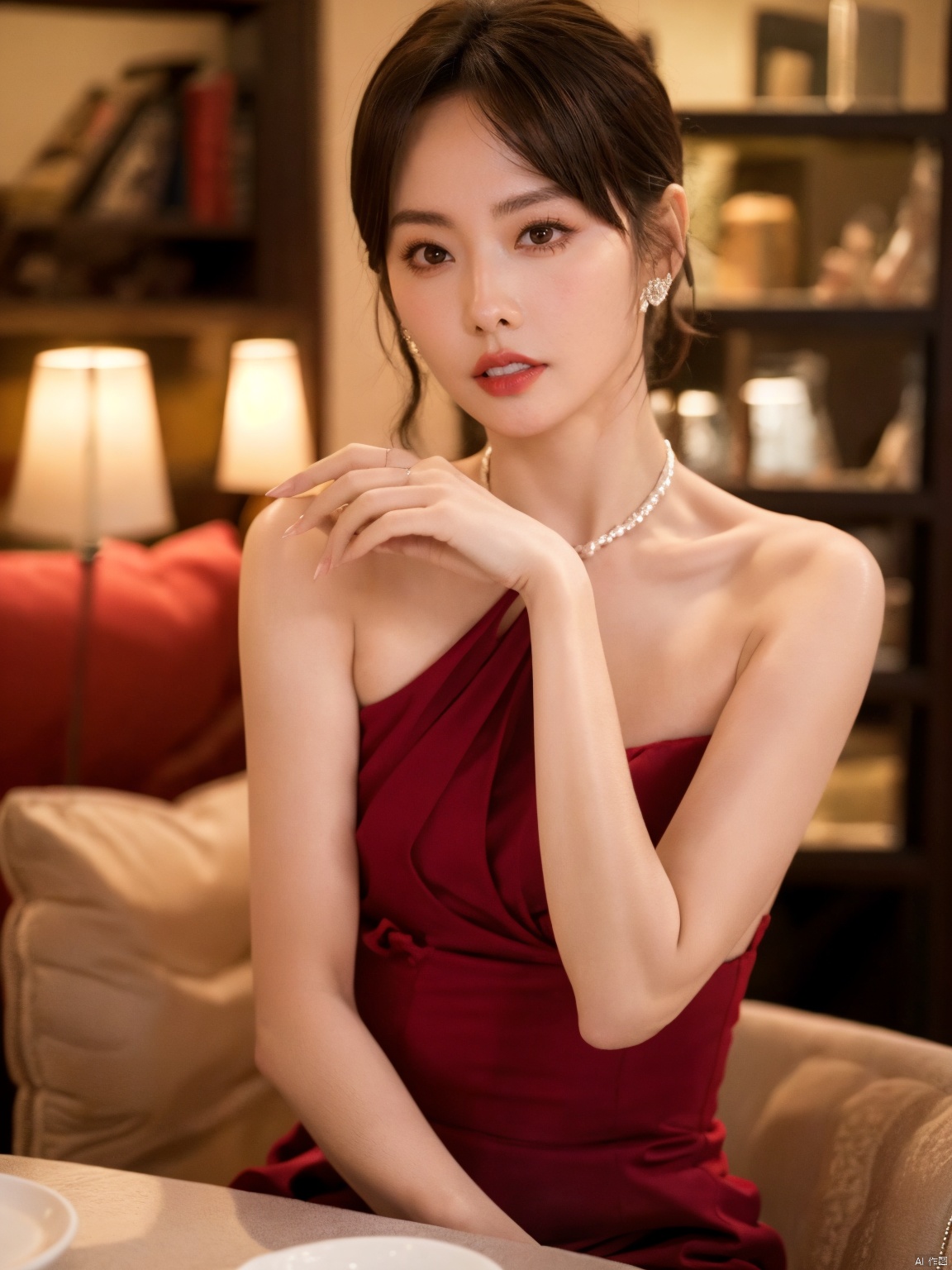  1, 1girl, short hair, brown hair, solo, dress, brown eyes, looking at viewer, holding, red dress, parted lips, bare shoulders, indoors, lips, upper body, sleeveless