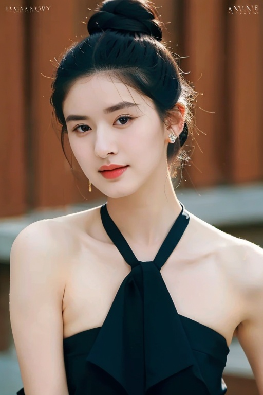 A detailed portrait of a young woman exuding elegance and natural grace. She has a voluminous updo hairstyle with wisps of...