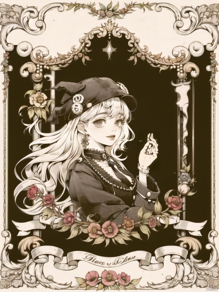  (official art, unity 8k wallpaper, ultra detailed, High quality, best quality), silhouetted, sepia, (flat color, partially colored, limited palette, low contrast, alternate color), ((face close-up, upper body)), beautiful side face, from side, (1girl:1.3), tohsaka-rin, (solo), ribbon, witch, long curly hair, wavy hair, lipstick, large breasts, makeup, (lipstick:0.6), smile, earrings, long nails, magical robes, wide cuffs, knotted buttons, loose collar, striped necktie, white shirt, pleats, gloves, jewelry, necklace, graveyard, frame, bare_tree, bat, bat_wings, branch, Gothic castle, withered_flower_leaf, plant,