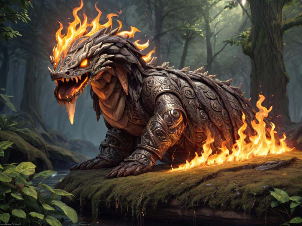 menacing adorable hell fire snake god,  druidic serpent king,  covered in druidic wooden armour on Tensor.Art