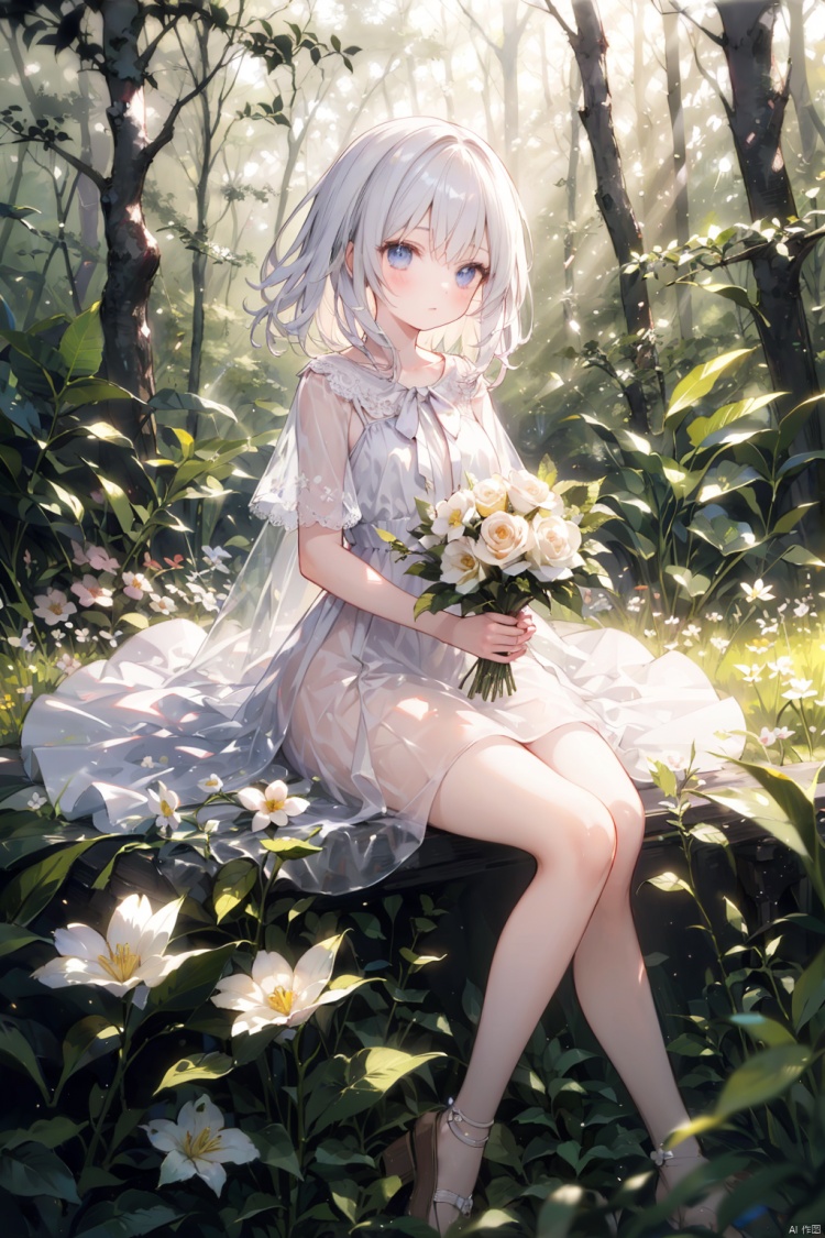 masterpiece,best quality,ï¼ 1girl, sitting on grass, flowers, holding flowers, warm lighting, white dress, blurry foreground, (forest:1.5)