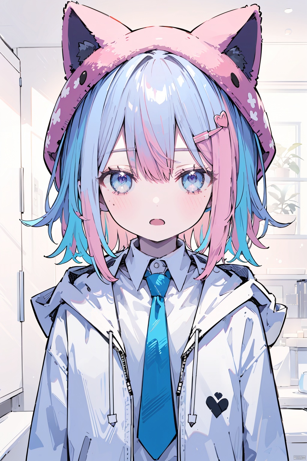 solo, looking at viewer, blush, short hair, open mouth, shirt, hair ornament, long sleeves, animal ears, blue hair, white shirt, pink hair, male focus, multicolored hair, necktie, hairclip, hood, hood down, pale skin, party hat