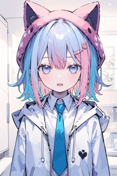 solo, looking at viewer, blush, short hair, open mouth, shirt, hair ornament, long sleeves, animal ears, blue hair, white shirt, pink hair, male focus, multicolored hair, necktie, hairclip, hood, hood down, pale skin, party hat