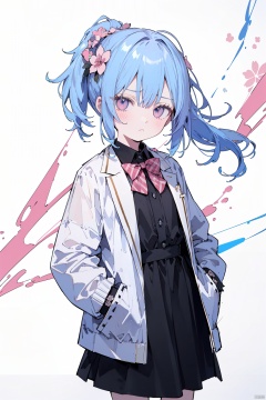 (best quality), ((masterpiece)), (highres),standing,original, extremely detailed wallpaper, (an extremely delicate and beautiful),pink eyes,,(loli),(petite),blue hair,(white Jacket),high ponytail,white collared shirt,hair flower,fipped hair,floating hair,Frown,hands in pockets,black dress,red bowtie,(solo),