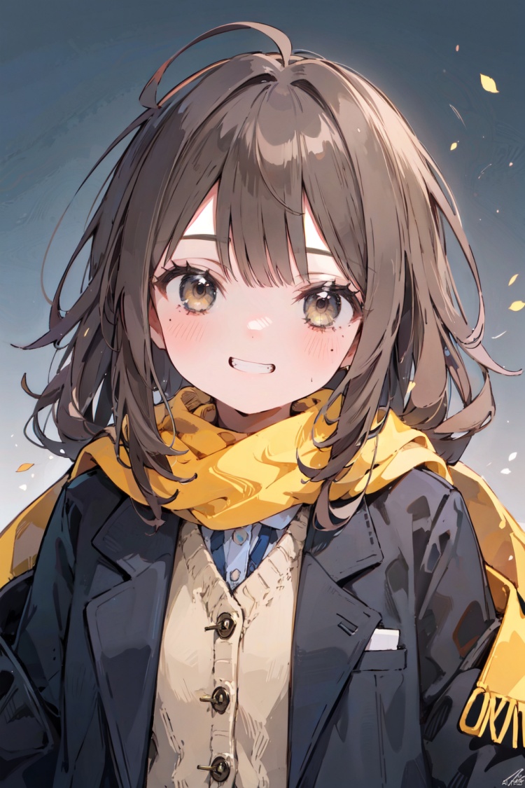  1girl, bangs, black_jacket, blazer, blush, brown_eyes, brown_hair, buttons, enpera, eyebrows_visible_through_hair, fringe_trim, grin, jacket, long_hair, long_sleeves, looking_at_viewer, open_clothes, open_jacket, scarf, school_uniform, signature, sleeves_past_wrists, smile, solo, sweater, teeth, upper_body