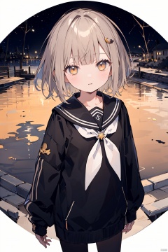 solo, 1girl, sleeves past wrists,sleeves past fingers,bangs, hair ornament, serafuku, white background, short hair, parted lips,long sleeves, muted color, neckerchief, brown hair, sailor collar,blunt bangs, cowboy shot, orange eyes, black sailor collar, looking at viewer,,(lake:1.2),(starry sky:1.2),from above,fisheye