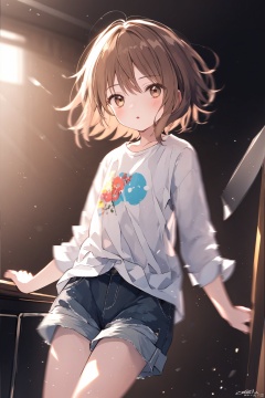 1girl, blurry, blurry_background, blurry_foreground, brown_eyes, brown_hair, dated, depth_of_field, looking_at_viewer, motion_blur, shirt, short_hair, shorts, signature, sleeves_rolled_up, solo, tomboy, twitter_username, white_shirt