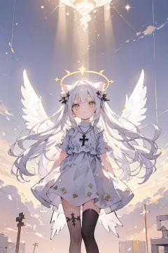 white hair, yellow eyes, looking up, stockings, long hair, hime cut, messy hair, floating hair, demon wings, halo, cross necklace, holy, divinity, shine, holy light, cat girl, (loli), (petite), solo