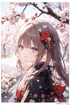 1girl, artist_name, bangs, blunt_bangs, border, branch, brown_hair, cherry_blossoms, flower, from_side, hair_flower, hair_ornament, japanese_clothes, kimono, long_hair, looking_at_viewer, looking_to_the_side, parted_lips, petals, red_kimono, solo, upper_body, white_border