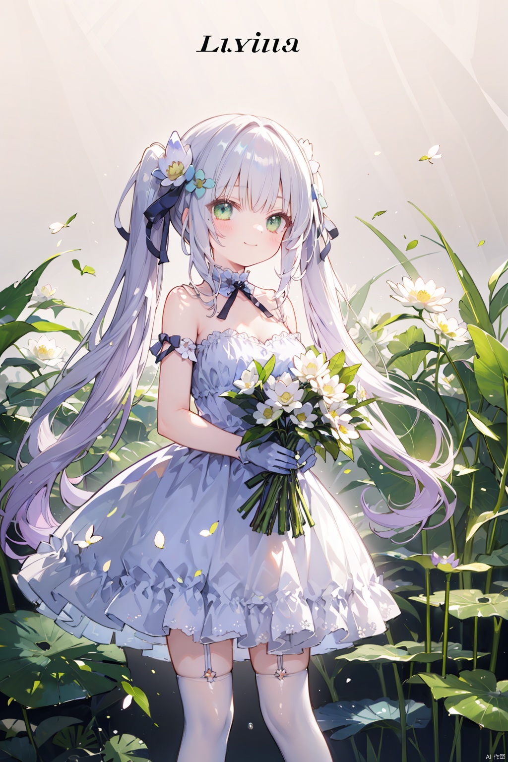 1girl, bangs, bare_shoulders, blue_dress, bouquet, breasts, character_name, cleavage, closed_mouth, daisy, dress, eyebrows_visible_through_hair, floral_background, flower, gloves, green_eyes, hair_ornament, hk416_\(girls'_frontline\), holding_bouquet, holding_flower, lily_\(flower\), lily_of_the_valley, lily_pad, long_hair, looking_at_viewer, lotus, low_twintails, mole, multi-tied_hair, ribbon, smile, solo, strapless_dress, thighhighs, vase, very_long_hair, white_flower, white_rose