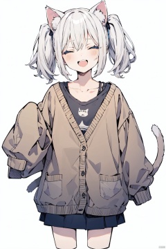  1girl, solo,catgirl,cat ears,cat tail,white hair, twintails, blush, smile, shirt, white shirt, long shirt, ^ ^, brown cardigan, cardigan, closed eyes, collarbone, cropped legs, long sleeves, sleeves past fingers, sleeves past wrists, upper teeth only, teeth, white background