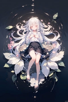 best illustration,(colorful),(from above:1.4),((close up)),(1girl:1.2),(lying_on_water:1.2),(floating on water),full body,(beautiful and delicate face),(beautiful long white hair),(very long white hair),closed eyes,small breasts,(black pleated skirt:1.25), (facing up), water background,(reflective water surface),(flouds in water :1.4),(clouds in water),water with feathers, masterpiece, 1girl,((white hair)),(collared shirt),(white stocking),solo,collarbone,slim legs,(hand on own chest), (water background:1.2),