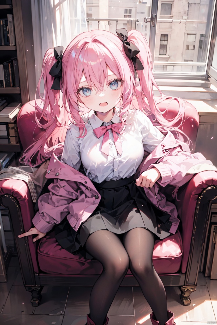  1girl, solo, long hair, breasts, looking at viewer, blush, open mouth, bangs, skirt, shirt, long sleeves, bow, ribbon, hair between eyes, medium breasts, sitting, very long hair, pink hair, hair bow, pantyhose, boots, teeth, puffy sleeves, indoors, hand up, black pantyhose, black bow, feet out of frame, one side up, upper teeth only, chair, white skirt, pink shirt, pink jacket, on chair, armchair,from above,ruins,close