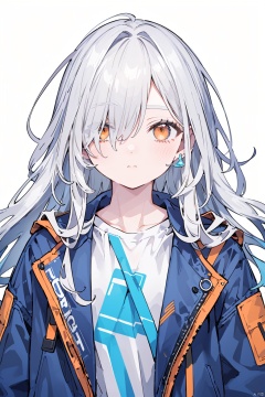 1girl, solo, white background, long hair, hair over one eye, jewelry, earrings, simple background, shirt, jacket, upper body, looking at viewer, white hair, white shirt, orange eyes, closed mouth, blue jacket, open clothes, open jacket, bangs, grey jacket, wavy hair