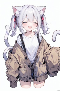 1girl, solo,catgirl,cat ears,cat tail,white hair, twintails, blush, smile, shirt, white shirt, long shirt, ^ ^, brown cardigan, cardigan, closed eyes, collarbone, cropped legs, long sleeves, sleeves past fingers, sleeves past wrists, upper teeth only, teeth, white background